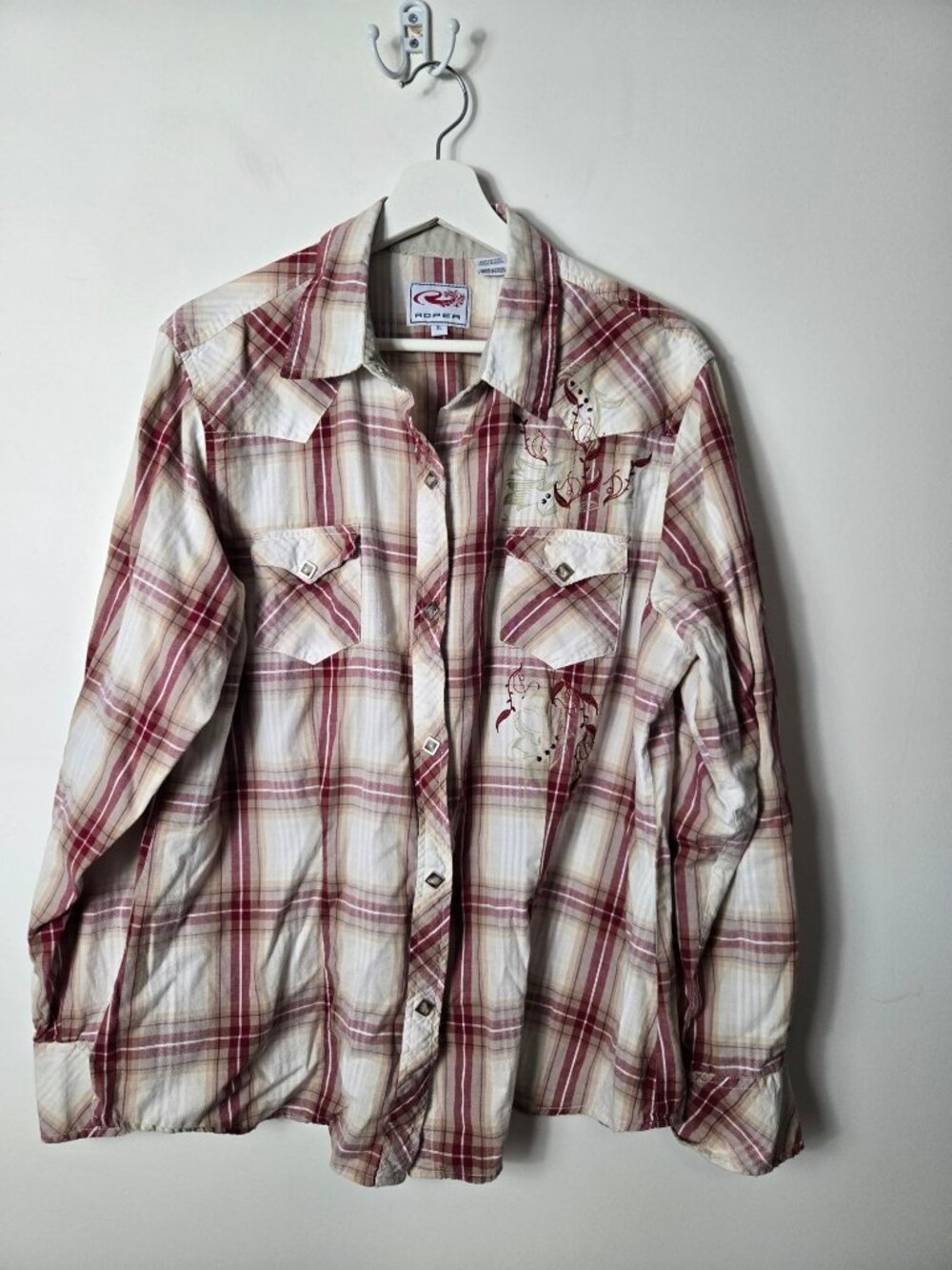 Roper Western Men's Size XL Pearl Snap Long Sleeve Plaid Shirt Embroidered